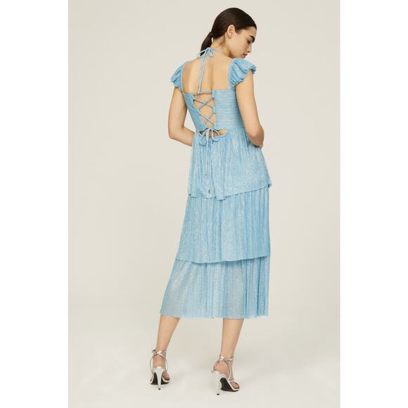 SABINA MUSAYEV Light Blue Metallic Corseted Back Keyhole Cutout Amandea Dress M - Picture 2 of 16